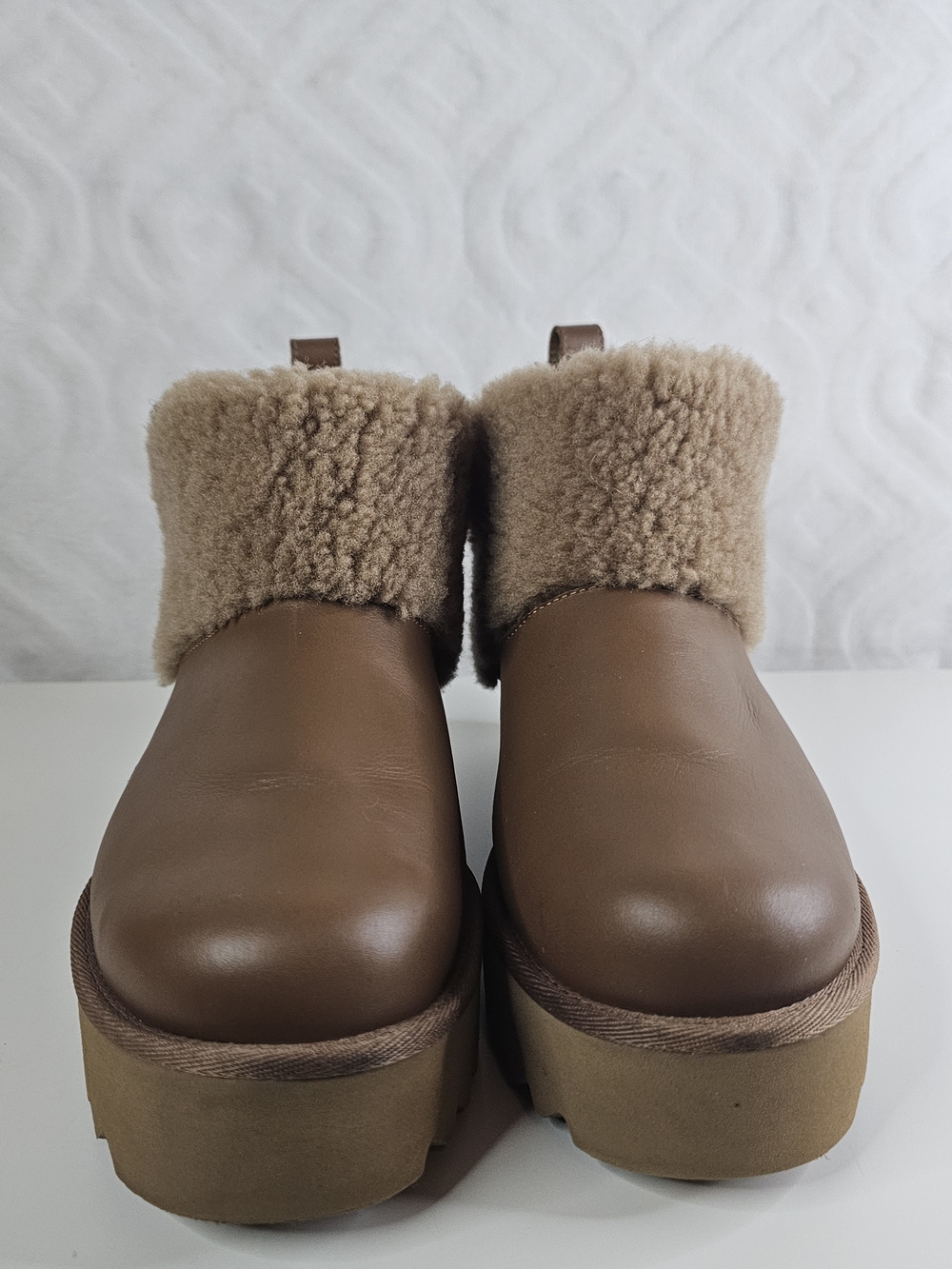 UGG Tan Shearling-Trim Platform Ankle Boots